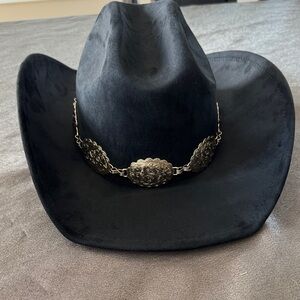 Black Suede Western Cowboy Hat with Gold Accents.  Adjustable. NEW